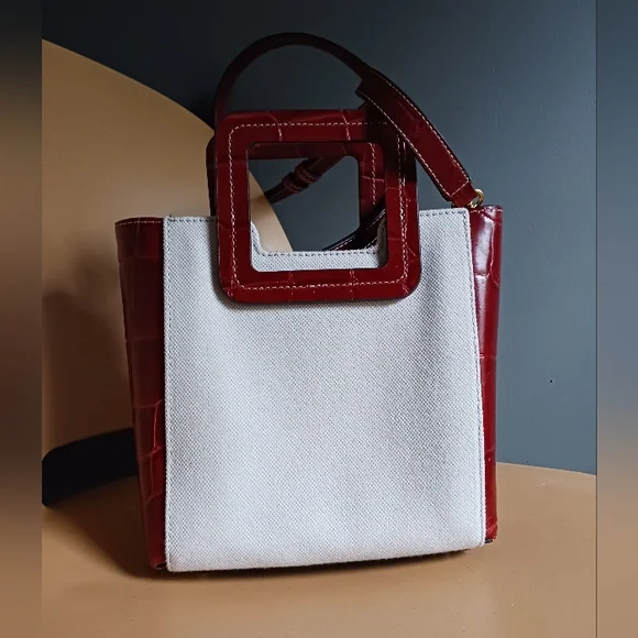 STAUD mini Shirley Bag in Canvas,burgundy Leather Crossbody Bag - Picture 3 of 16